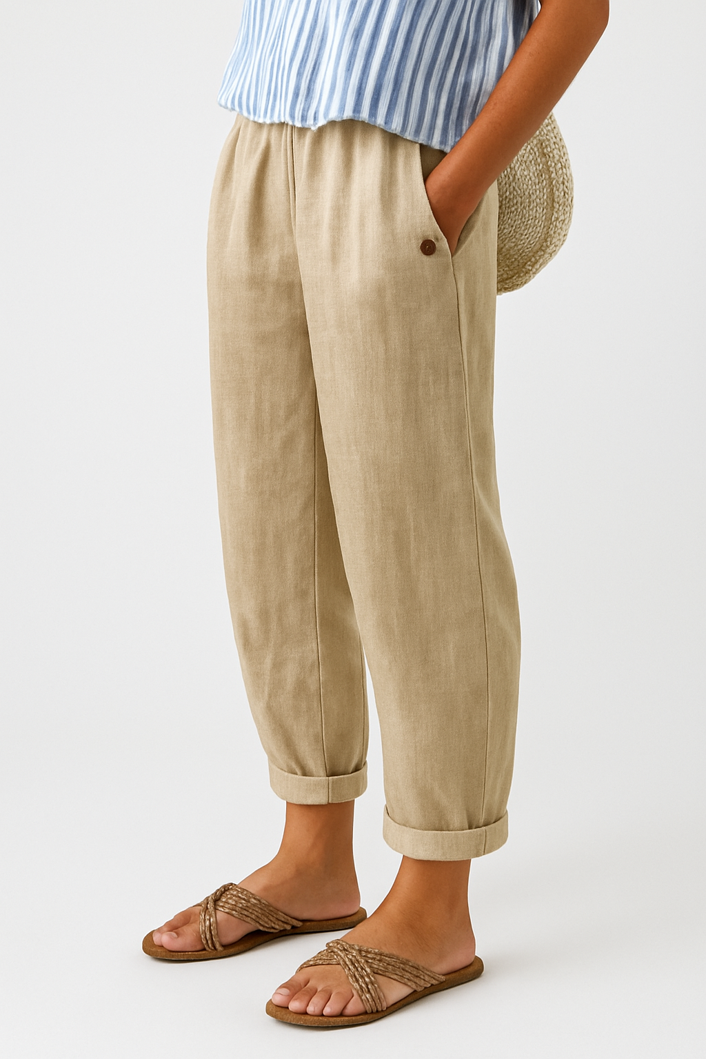 Damen Leinenhose Locker Verkürzt Gummibund