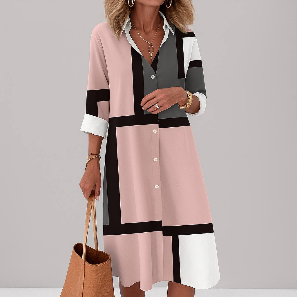 Women Geometric Print Shirt Midi Dress Button Front - Image 4