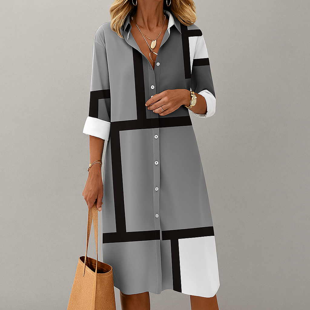 Women Geometric Print Shirt Midi Dress Button Front - Image 3