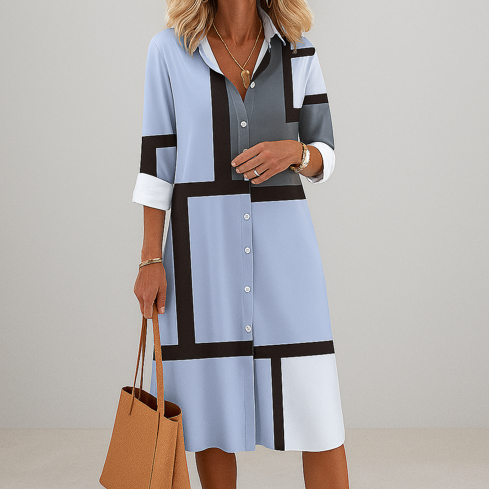 Women Geometric Print Shirt Midi Dress Button Front - Image 2