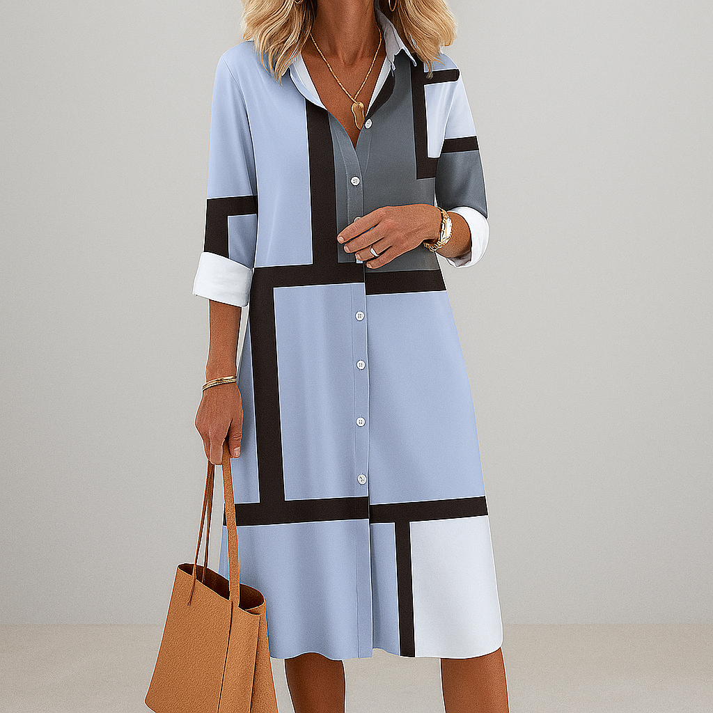 Women Geometric Print Shirt Midi Dress Button Front - Image 2