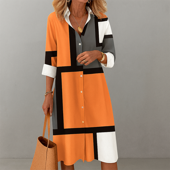 Women Geometric Print Shirt Midi Dress Button Front