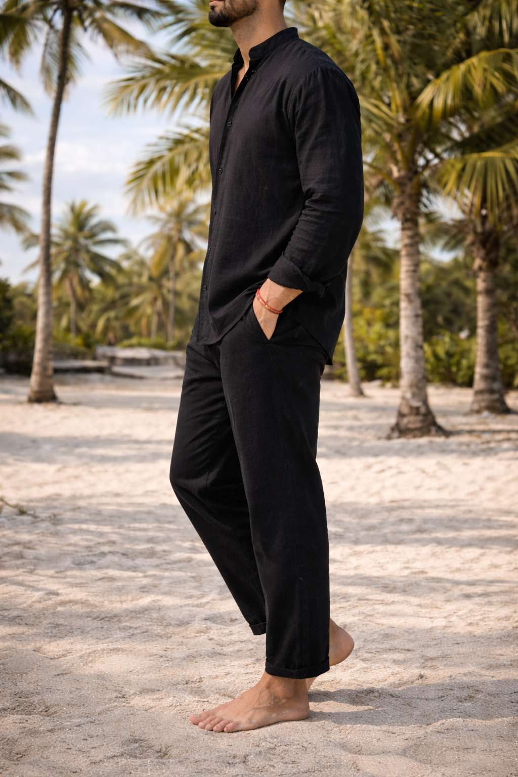 Lio – Herren Leinen Zweiteiler Set Ohne Kragen Hemd und Hose