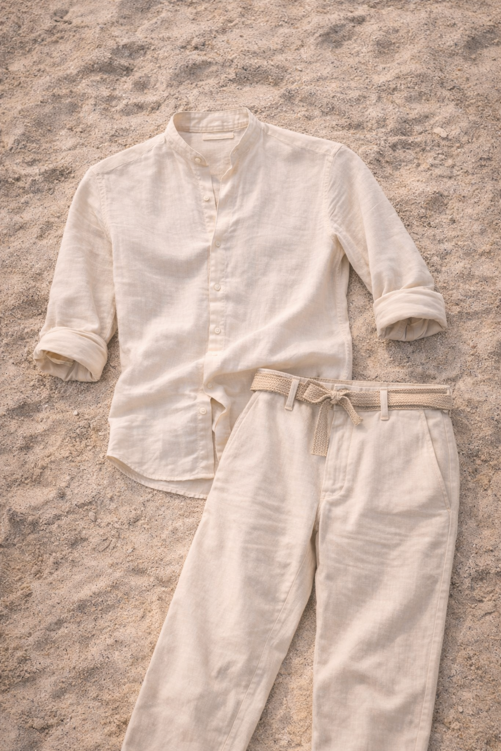Lio – Herren Leinen Zweiteiler Set Ohne Kragen Hemd und Hose