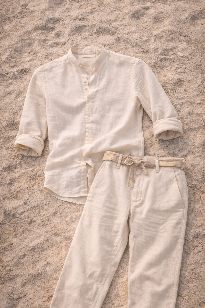 Lio – Herren Leinen Zweiteiler Set Ohne Kragen Hemd und Hose