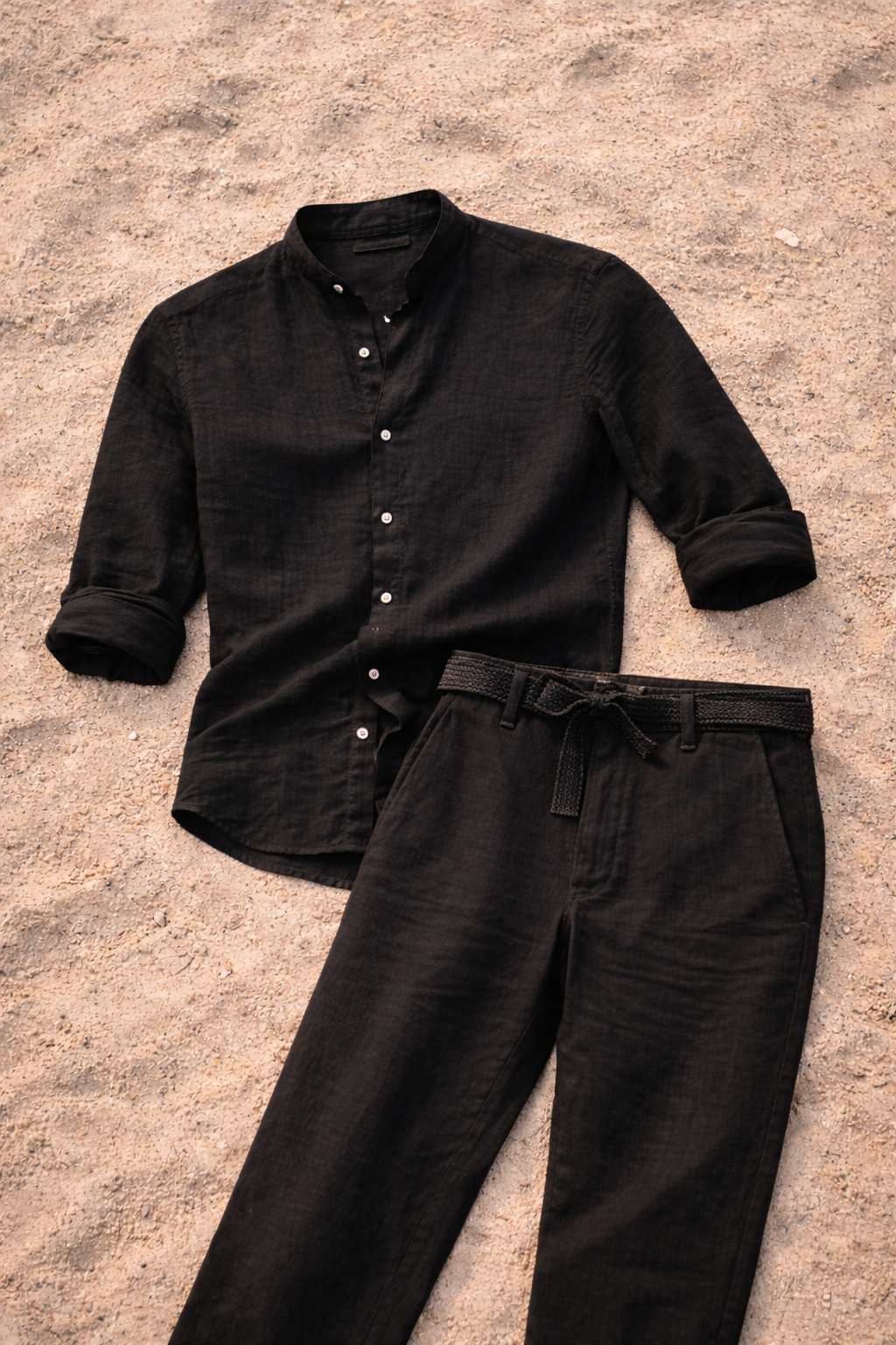 Lio – Herren Leinen Zweiteiler Set Ohne Kragen Hemd und Hose