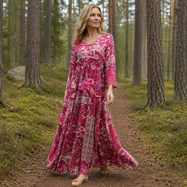 Damen Boho Maxikleid Langes Sommerkleid Viscose Loose Fit