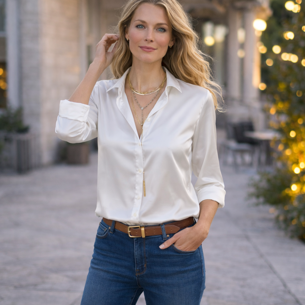 Damen Satin Bluse V-Ausschnitt Langarm - Image 8
