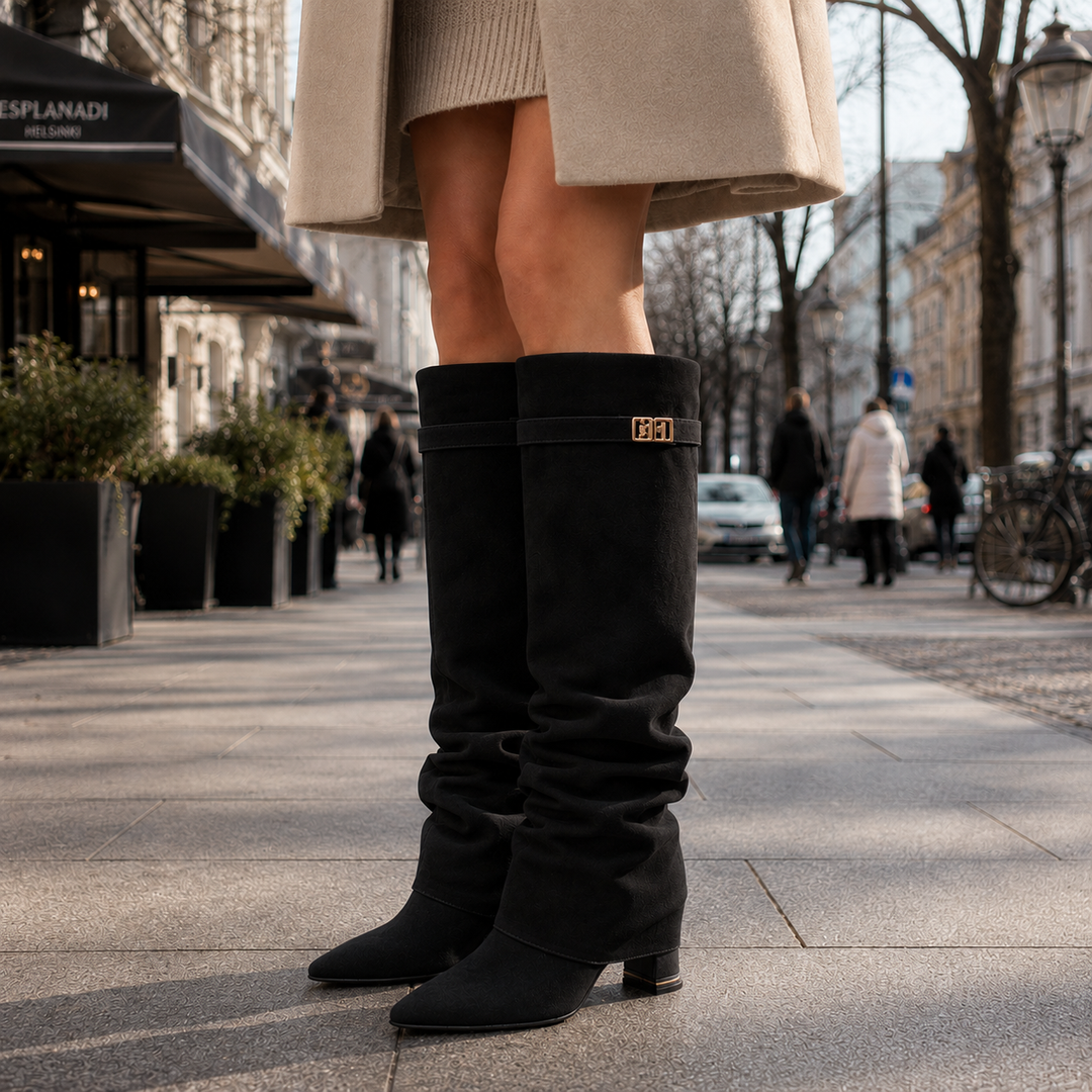 Damen Kniehohe Stiefel Veloursleder Blockabsatz