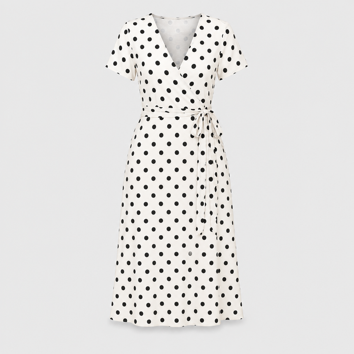 Damen Midikleid Punkte Bindegürtel V-Ausschnitt Fließend - Image 5