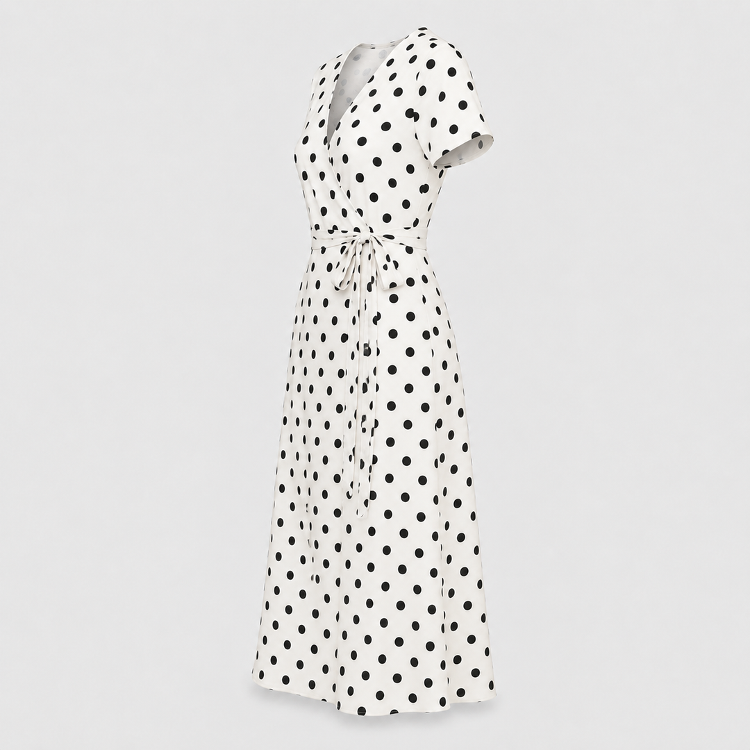 Damen Midikleid Punkte Bindegürtel V-Ausschnitt Fließend - Image 6