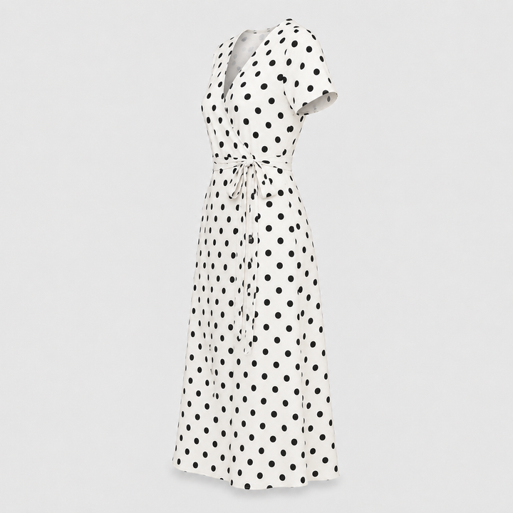 Damen Midikleid Punkte Bindegürtel V-Ausschnitt Fließend - Image 6