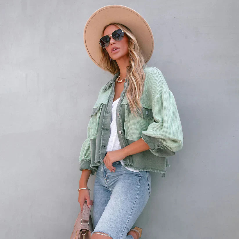 Cropped Jacke Damen mit Ballonärmeln & Fransensaum – getaillierte kurze Jacke für den Casual-Look - Image 3