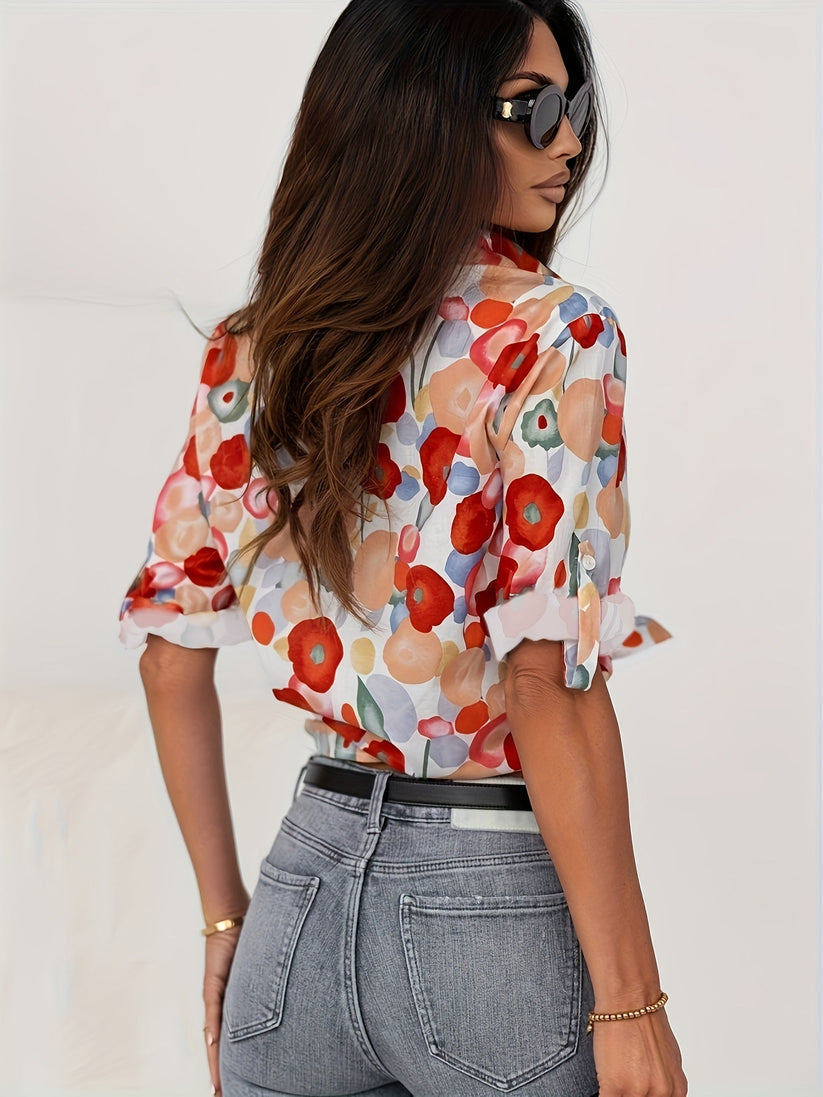Women Floral Print Button Down Blouse Long Sleeve - Image 4
