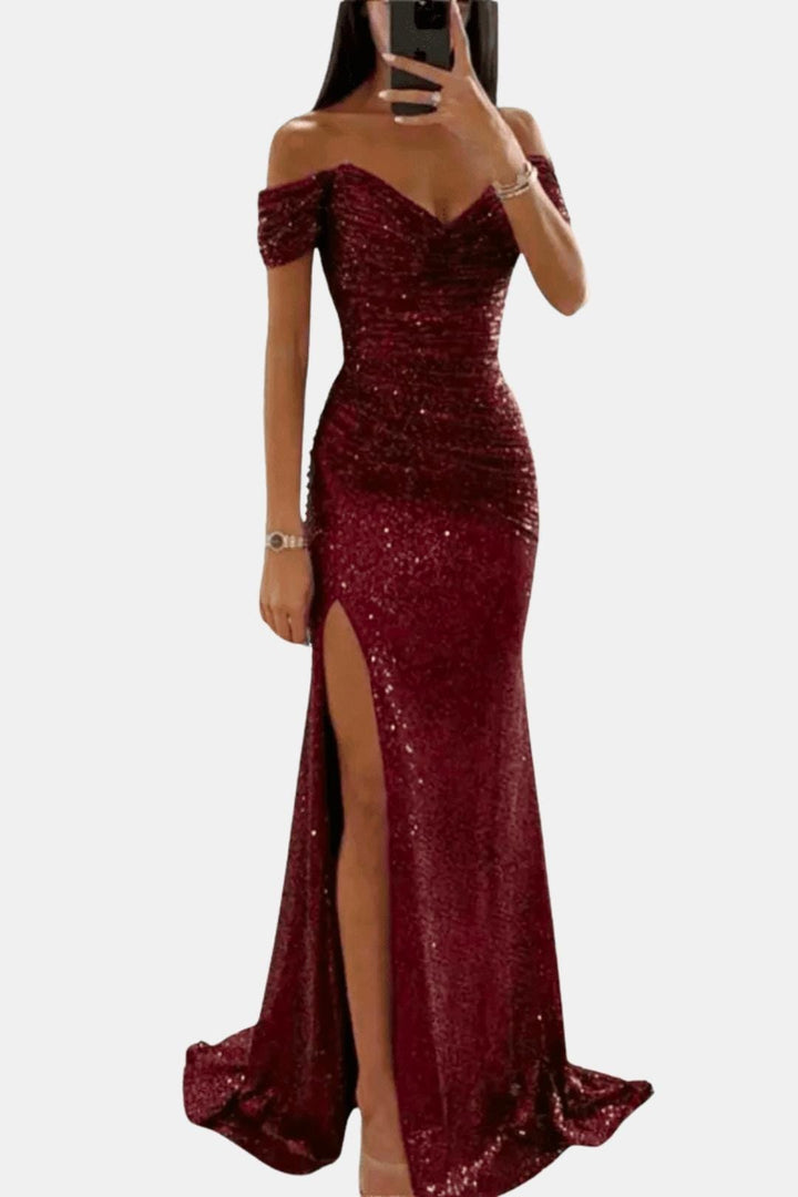 Domenique - Schulterfreies Pailletten Maxikleid