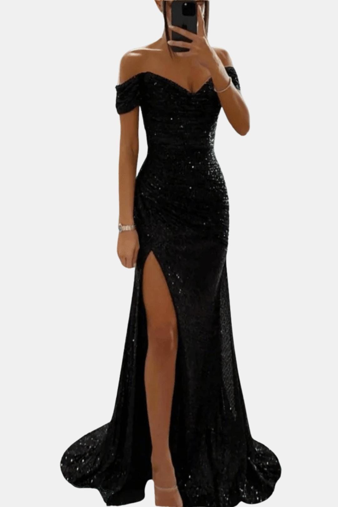Domenique - Schulterfreies Pailletten Maxikleid