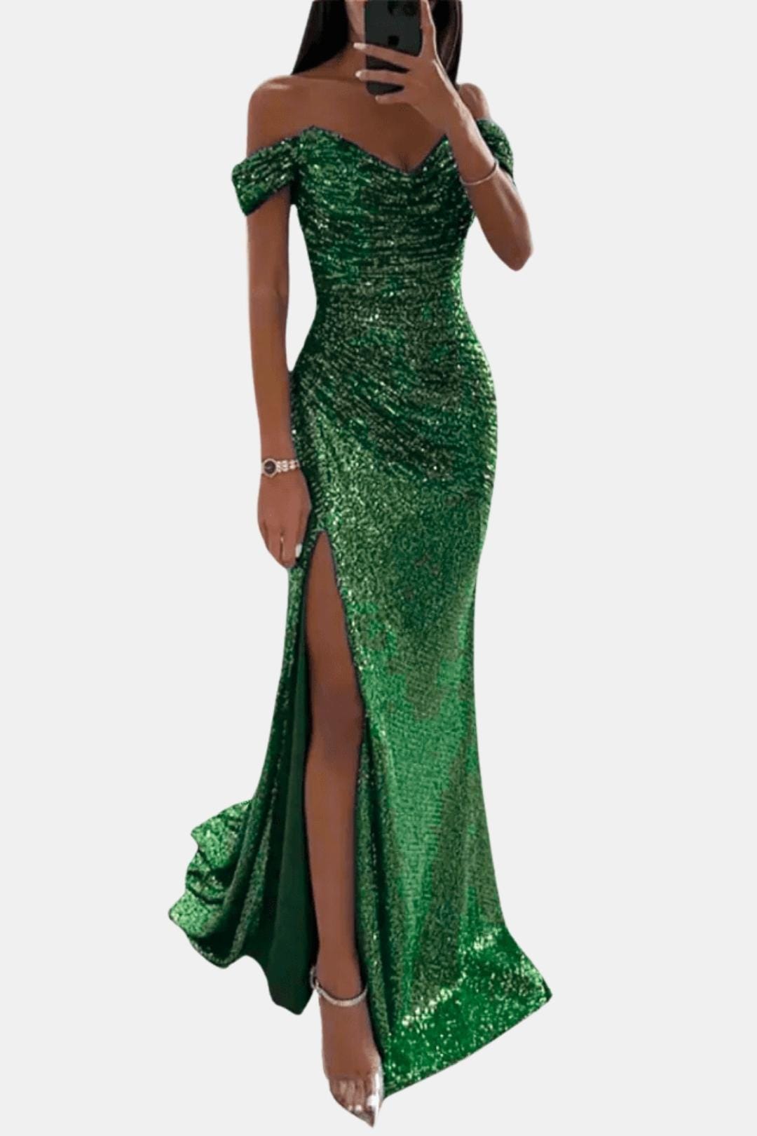 Domenique - Schulterfreies Pailletten Maxikleid