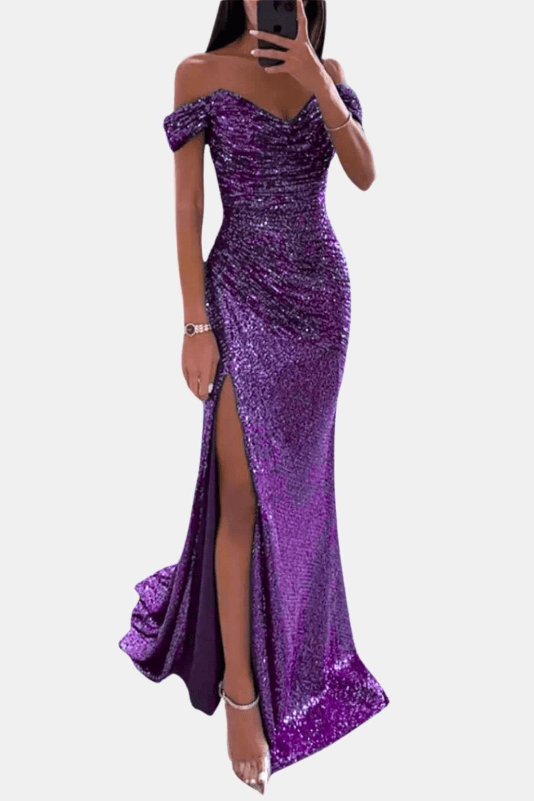 Domenique - Schulterfreies Pailletten Maxikleid