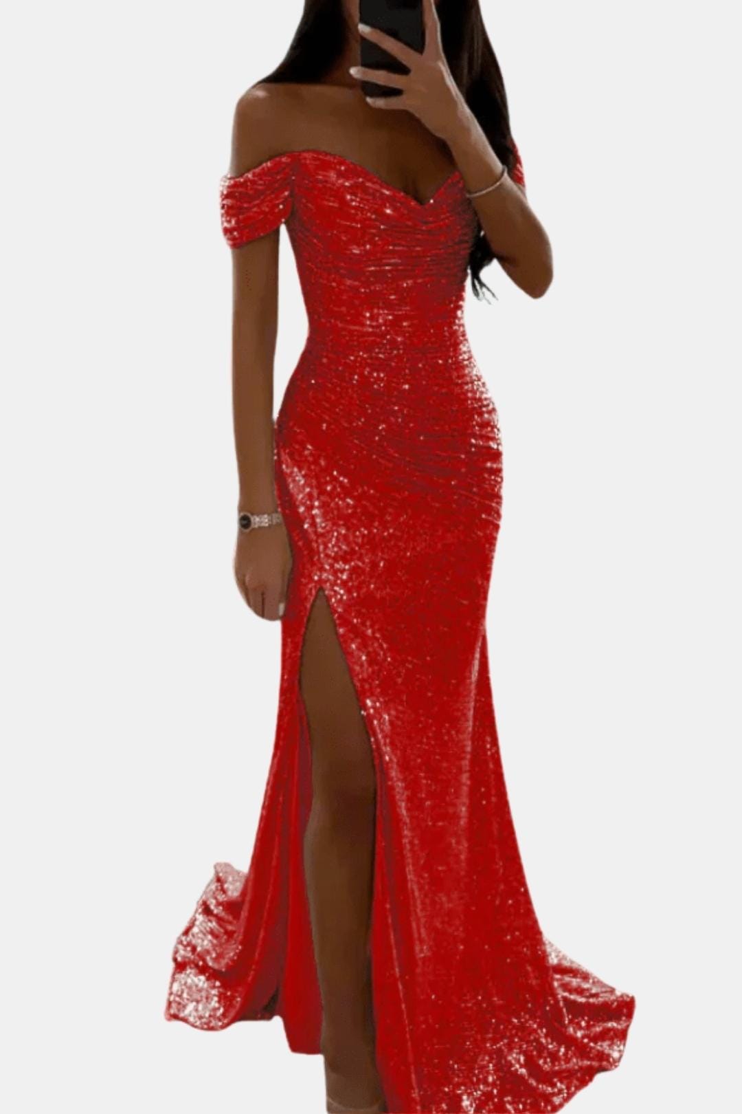 Domenique - Schulterfreies Pailletten Maxikleid