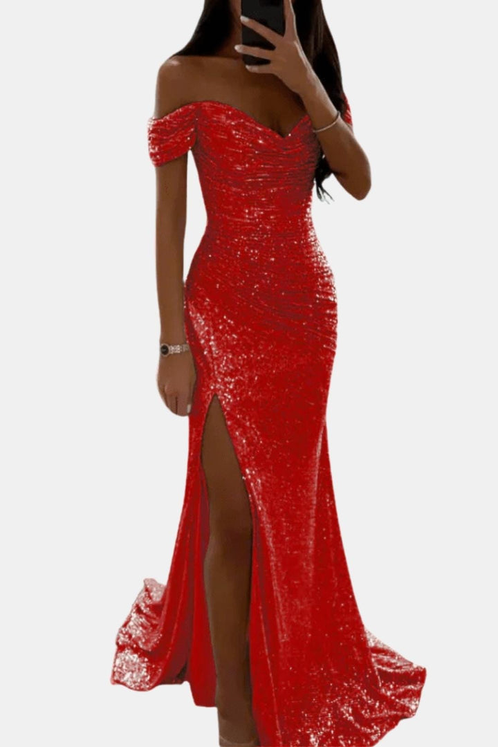 Domenique - Schulterfreies Pailletten Maxikleid