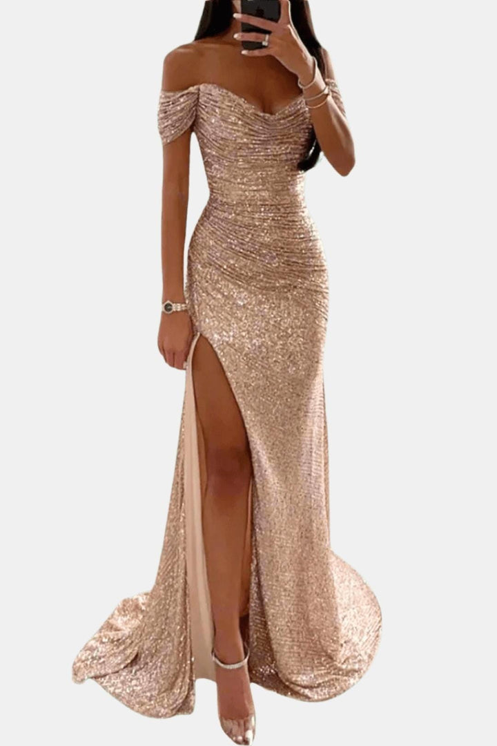 Domenique - Schulterfreies Pailletten Maxikleid