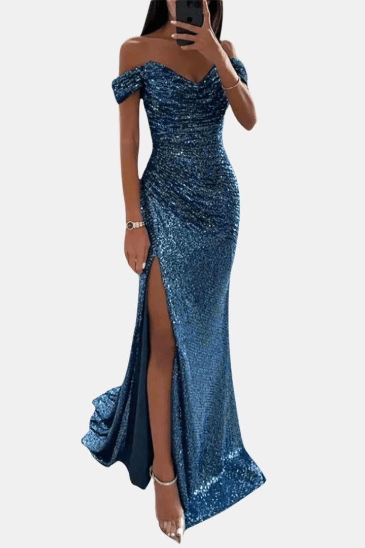 Domenique - Schulterfreies Pailletten Maxikleid