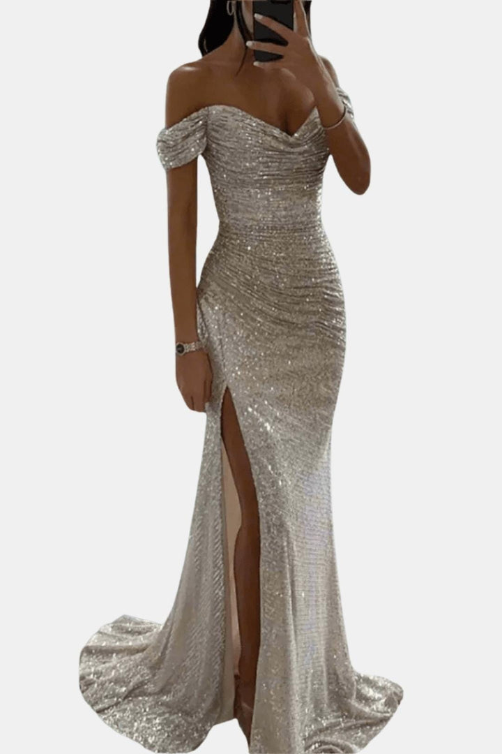 Domenique - Schulterfreies Pailletten Maxikleid