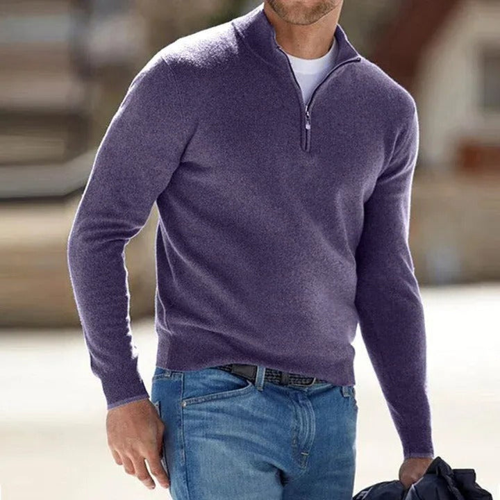 Herren Strickpullover mit kurzem Reißverschluss und Stehkragen