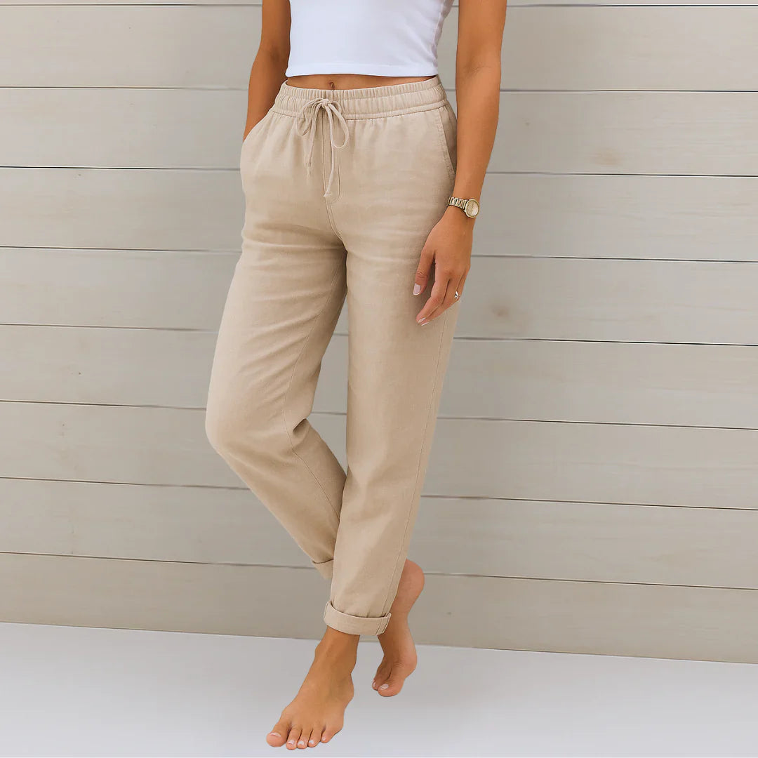 Damen Leinenhose Kordelzug Relaxed Fit Gummibund