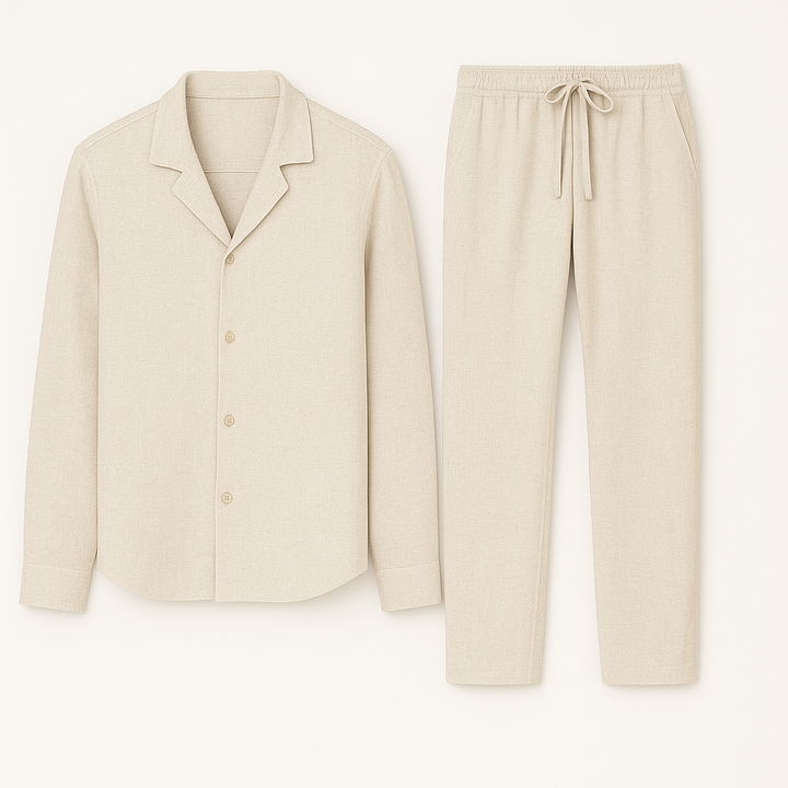 Herren Leinen Pyjama Set Hemd Hose Zweiteiler
