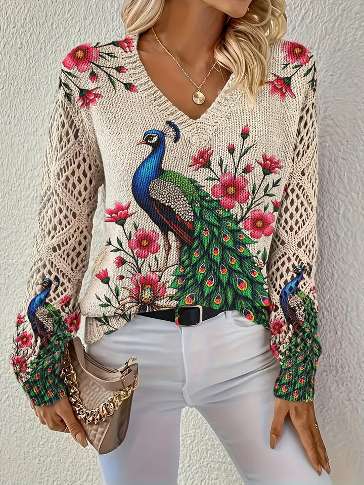 Damen Pullover mit elegantem Pfauenmuster & schmeichelndem V-Ausschnitt - Image 2