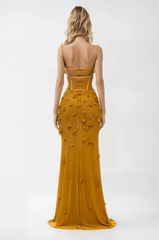 Gloovira – Korsett Maxi Kleid Ärmellos Senfgelb