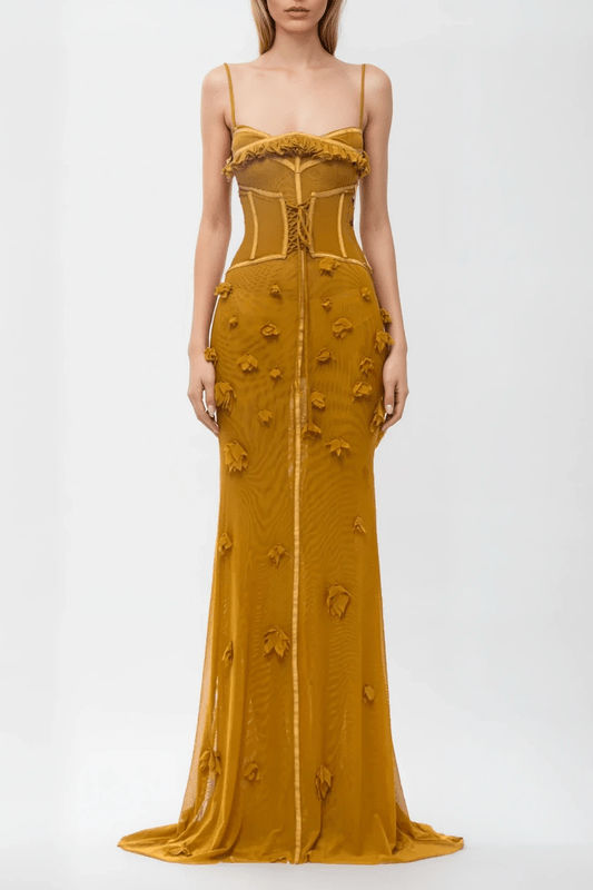 Gloovira – Korsett Maxi Kleid Ärmellos Senfgelb