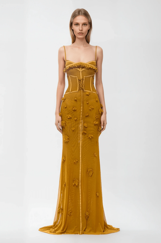 Gloovira – Korsett Maxi Kleid Ärmellos Senfgelb