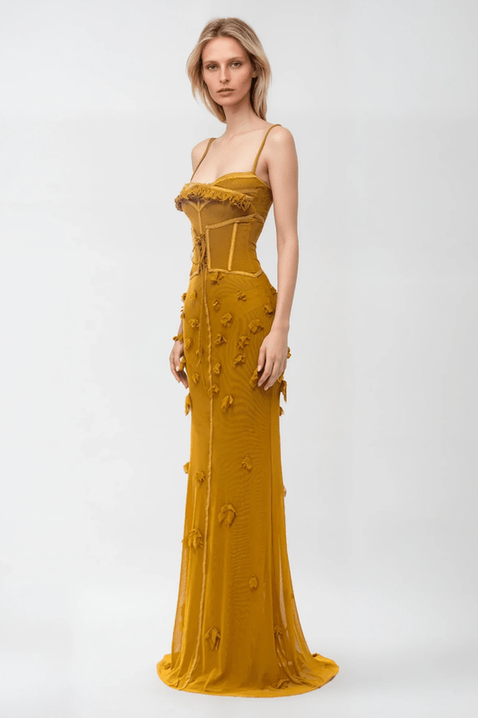 Gloovira – Korsett Maxi Kleid Ärmellos Senfgelb