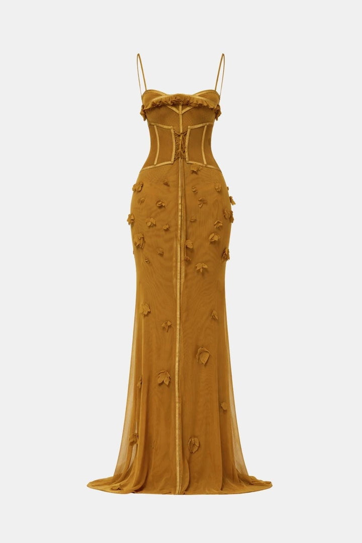 Gloovira – Korsett Maxi Kleid Ärmellos Senfgelb