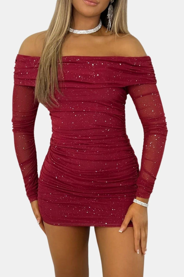 Gracelle – schulterfreies Minikleid aus Netzstoff mit Glitzer
