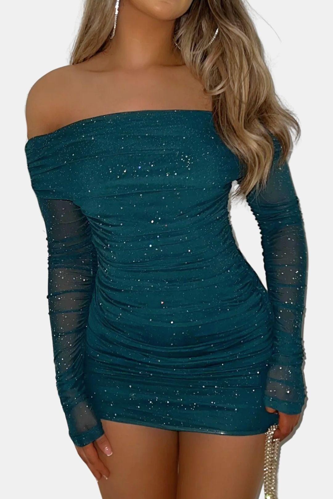 Gracelle – schulterfreies Minikleid aus Netzstoff mit Glitzer
