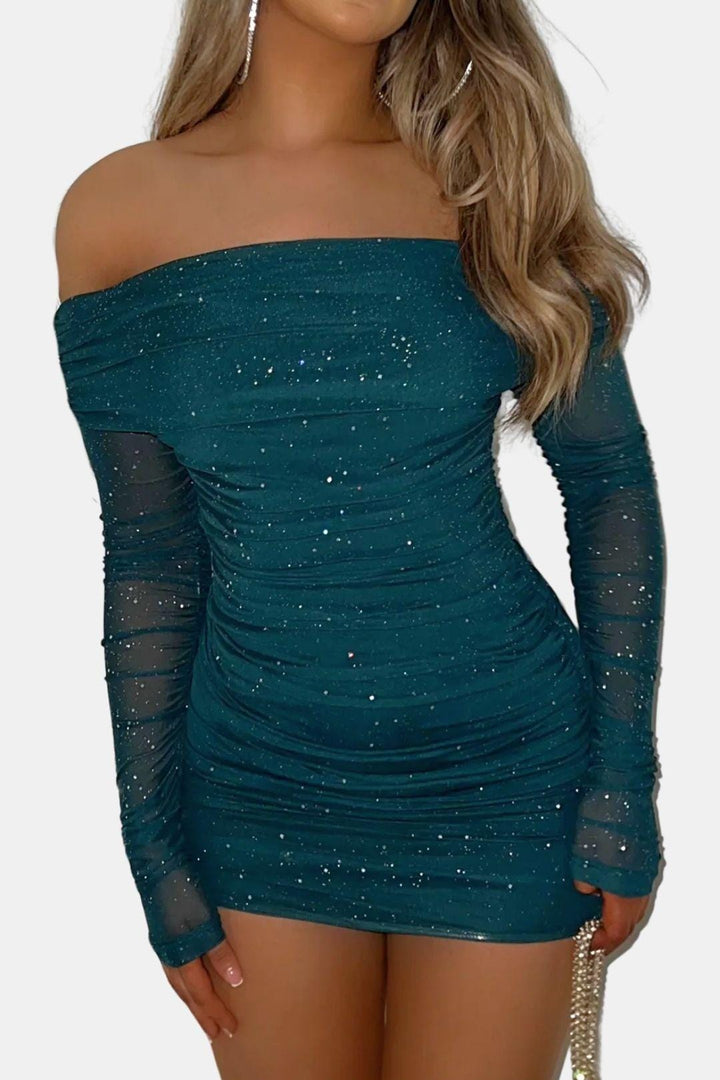 Gracelle – schulterfreies Minikleid aus Netzstoff mit Glitzer