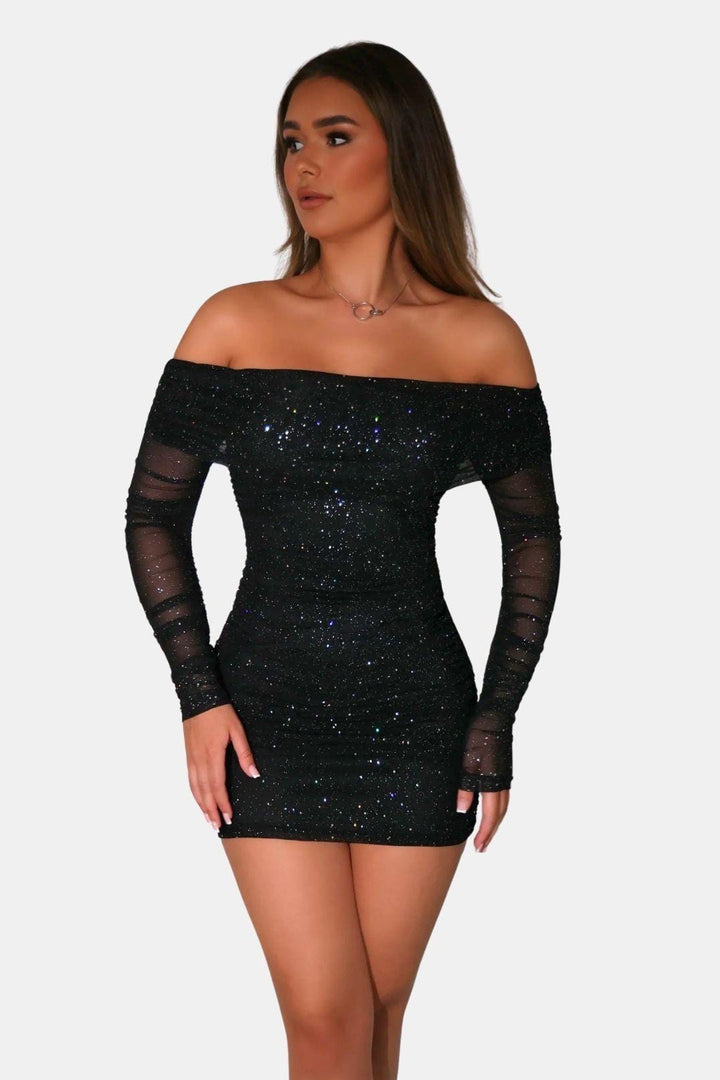 Gracelle – schulterfreies Minikleid aus Netzstoff mit Glitzer