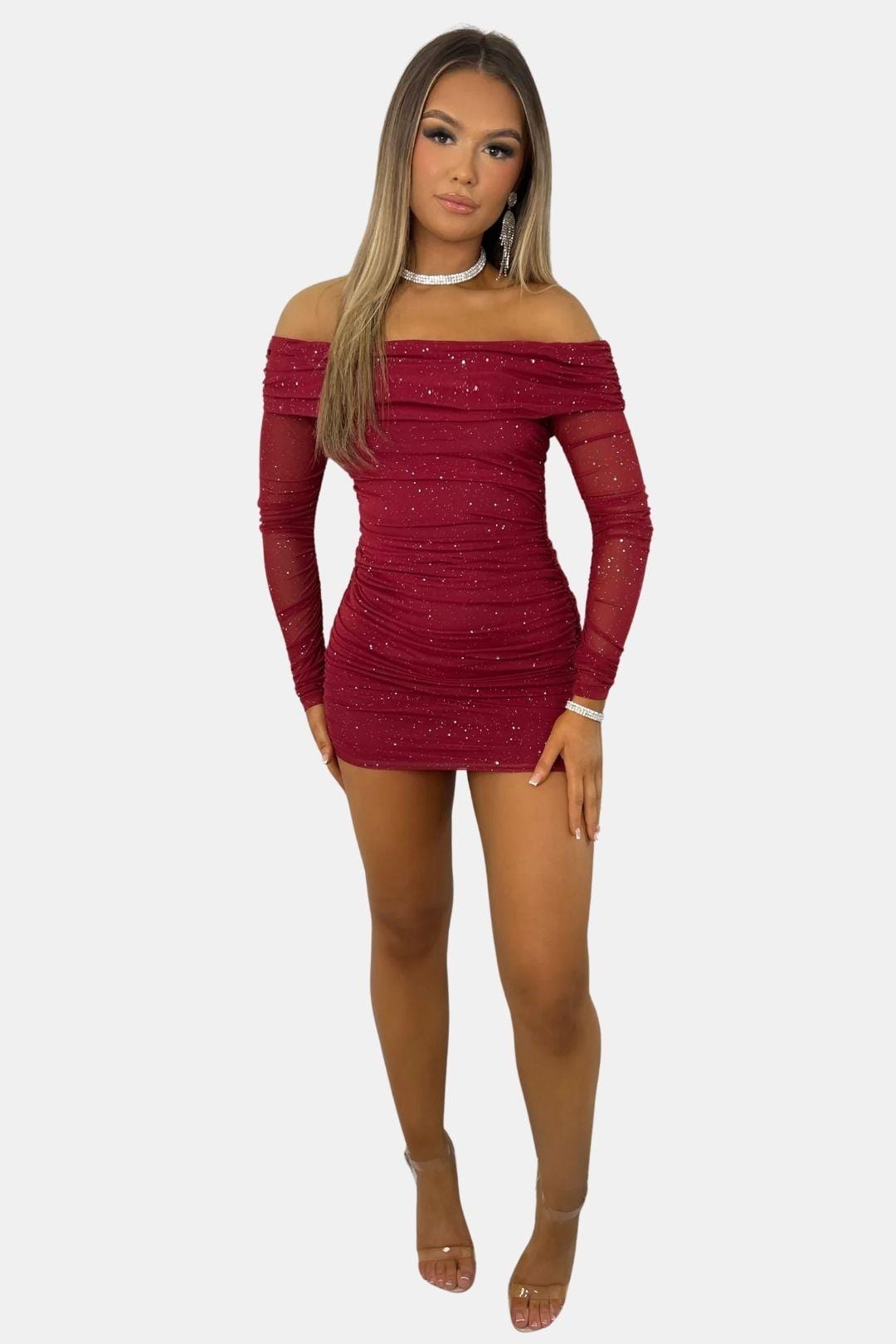 Gracelle – schulterfreies Minikleid aus Netzstoff mit Glitzer