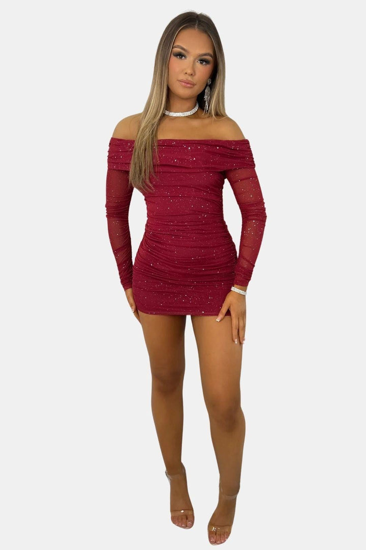 Gracelle – schulterfreies Minikleid aus Netzstoff mit Glitzer