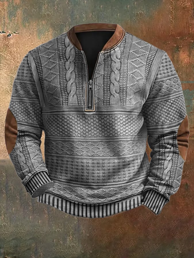 Men's sweater with vintage texture and half-zip