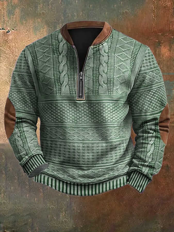 Men's sweater with vintage texture and half-zip