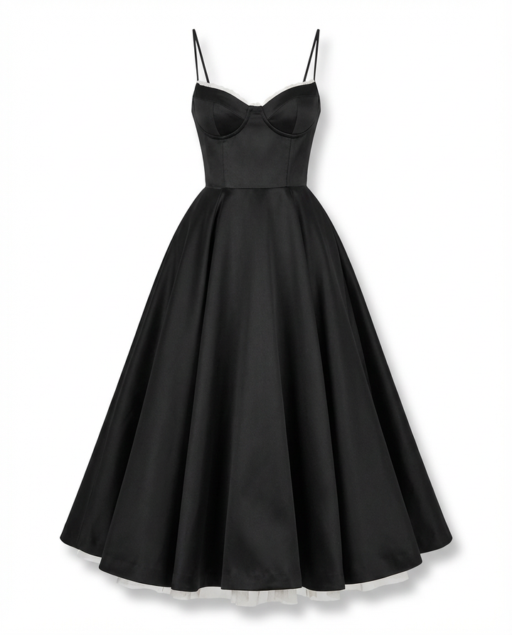 Damen Midikleid Fit and Flare A-Linie V-Ausschnitt Spaghettiträger