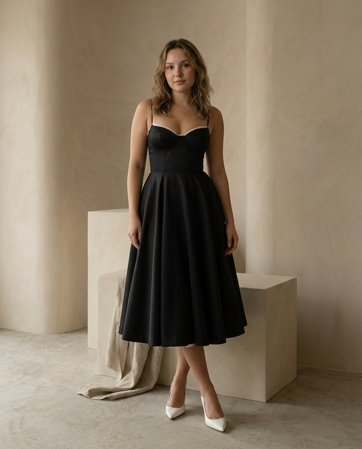 Damen Midikleid Fit and Flare A-Linie V-Ausschnitt Spaghettiträger - Image 4