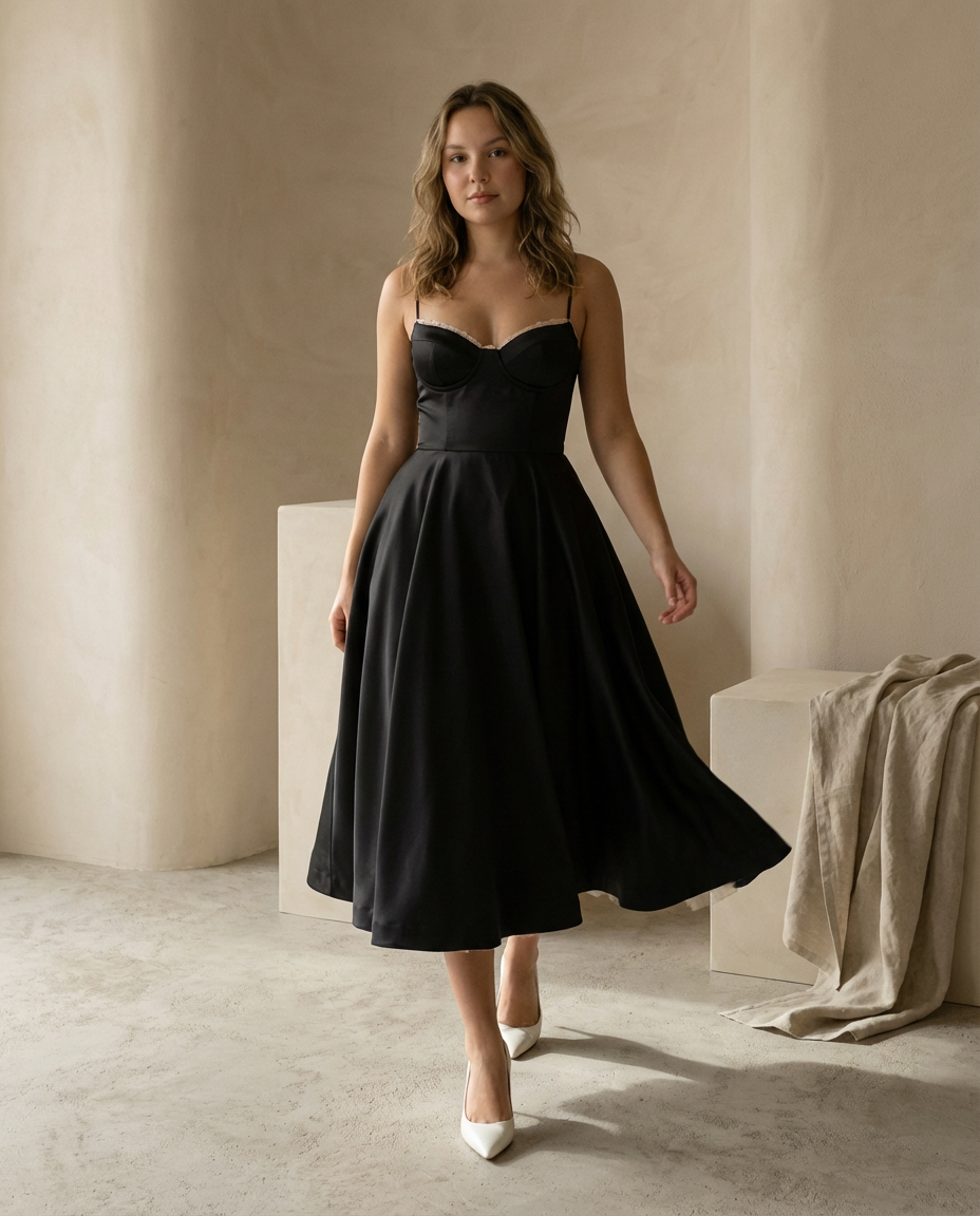 Damen Midikleid Fit and Flare A-Linie V-Ausschnitt Spaghettiträger - Image 5