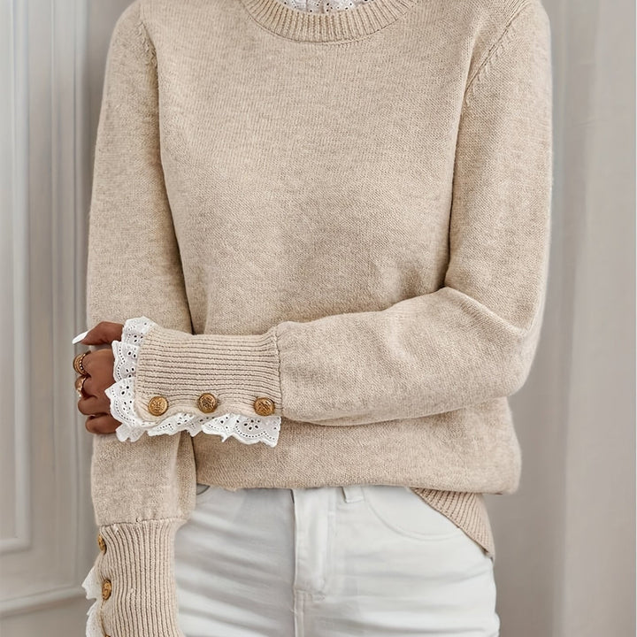 Damen Pullover mit Rüschen | Eleganter Strickpullover, Rundhals & Zierknöpfe