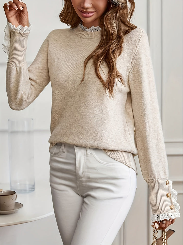 Damen Pullover mit Rüschen | Eleganter Strickpullover, Rundhals & Zierknöpfe - Image 3
