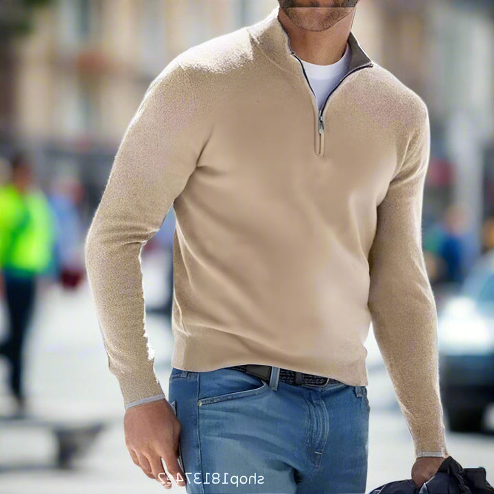 Herren Strickpullover mit kurzem Reißverschluss und Stehkragen